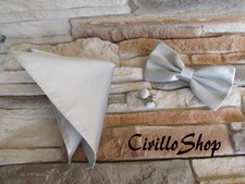 PAPILLON FAZZOLETTO GEMELLI GRIGIO ARGENTO CRAVATTINO POCHETTE RASO SETA UOMO