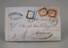 tricolore Sardegna Cent. 10 + 20 + 40 C1 "GENOVA 16 MAR 60" timbro A. BONAFOUS