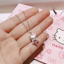 Collana Hello Kitty in argento con pietra preziosa cuore rosa nuova