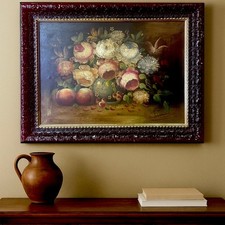 quadro dipinto a olio su tela natura morta fiori rose con cornice stile antico X