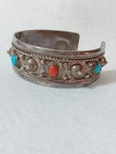 Bracciale Antico In Argento Massiccio Con Turchese E Corallo
