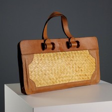 Borsa a Mano Vintage Paglia Pelle Dettagli in Legno Italia Anni 50 Originale