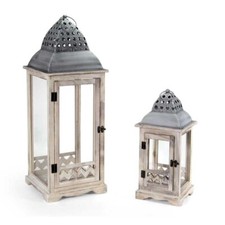 SET 2 LANTERNE DECORATIVE IN LEGNO. VETRO E METALLO IN COLORE BEIGE E GRIGIO