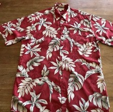 Camicia uomo vintage Campia Moda foglie hawaiane taglia S/S large LG rosso marrone rayon