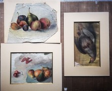 3 QUADRI, antichi frammenti di dipinti NATURA MORTA CON FRUTTA E ANIMALI