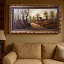 quadro dipinto grande a olio su tela paesaggio montano con cornice stile antico