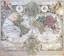 MAPPA DEL MONDO "Planiglobii Terrestris cum Utroq. Hemispherio Caelesti " Omann 1707