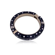 Autentico Bracciale Chanel Resina Nera Strass Cristallo Logo CC