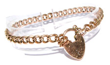Donne 9ct 9carat Oro Giallo Antico Bracciale Cordolo Con un Cuore Lucchetto