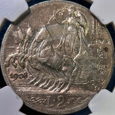 ITALY. 1908, 2 Lire, Silver -