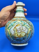 Antica Bottiglia Fiasco Maiolica Ceramica Policroma Sud Italia Primi 1900 XX Sec