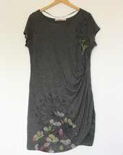 Abito Desigual taglia XXL grigio floreale jersey tunica increspato manica corta boho
