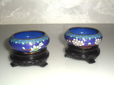 COPPIE ANTICHE CIOTOLE CINESE CLOISONNÈ SMALTATA CON BASE LEGNO CINA INIZIO 900