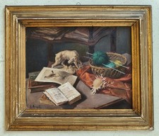 ANTICO QUADRO Arcangeli Luigi DIPINTO olio tavola NATURA MORTA Libri Statua Cane