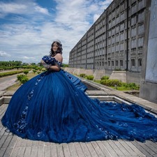 Abito da ballo blu navy abito quinceanera 3D applicazioni floreali perline dolce 16