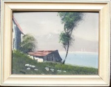 antico quadro paesaggio di montagna olio tavola cornice coeva laghetto casolare