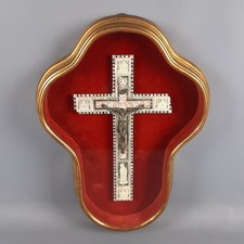 Antica Teca Con Crocifisso In Madreperla E Metallo Argentato Teca Legno XX Sec.