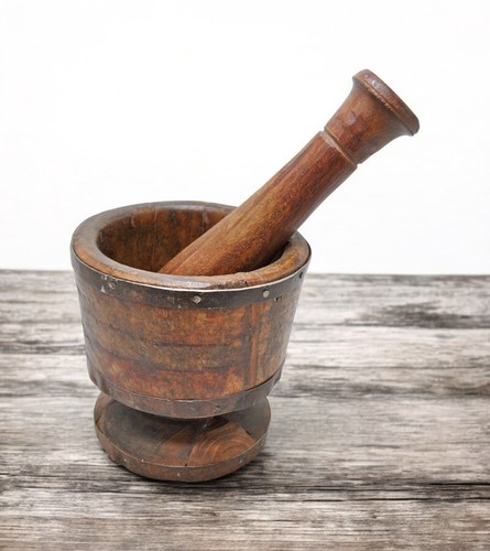 Antico legno mortaio e - mortaio,