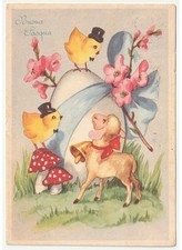 1959 uovo di Pasqua pulcini agnello funghi cartolina pasquale vintage