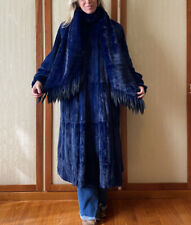 pelliccia di visone rasato blu lunga con sciarpa 