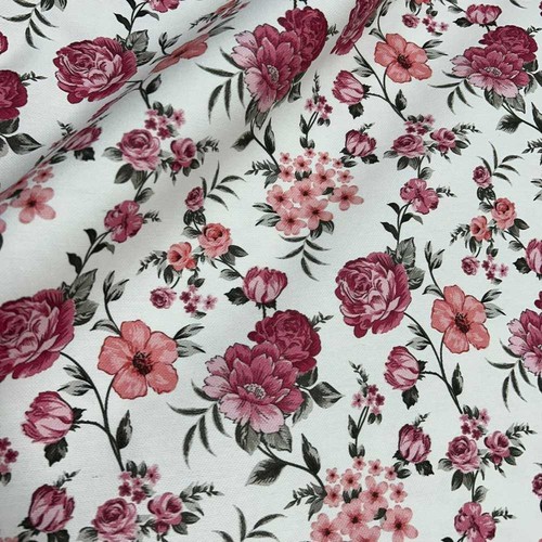Tessuto panama fiori rosa - rosa, 50