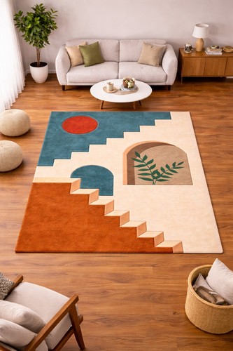Tappeto zona lana trapuntato - , a