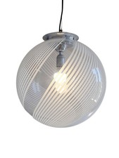 Lampadario Sfera Anni 70 Vetro Murano Trasparente Spirale Bianca Modernariato