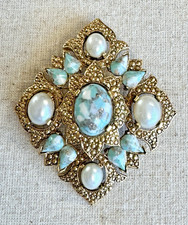 Sarah Coventry Spilla Ciondolo Vintage Ricordo 1968 Tono Oro Marmorizzato Blu 2 3/4"