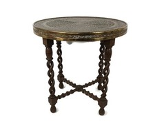 Open Barley Twist Wooden Side Wine Table Pedestal Plant Stand Faux Brass Top Orn