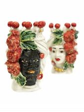 Coppia teste di moro re e regina melograno in ceramica di Caltagirone 20 cm