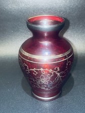 Vintage 4.5” Red Venetian Glass Vase Silver Overlay Cranberry Bud Vase Italy