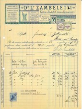 Fattura int. DR. LO. ZAMBELETTI Fabbrica chimico - farmaceutici. Milano 1922