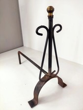 Alare singolo poggia legna in ferro battuto vintage usato con pomello in ottone