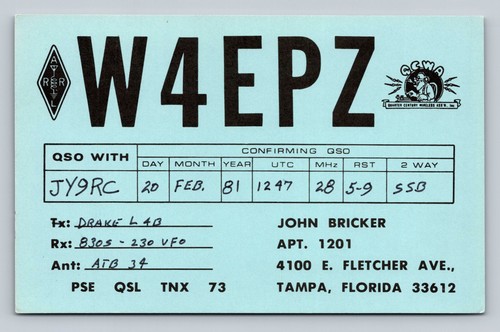 Ham radio qsl - w4epz, tampa