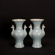 Coppia vasi pavone motivo ghiaccio crepato porcellana smalto verde merce ufficiale Cina