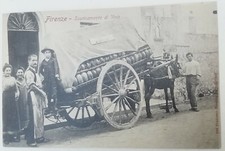 CARTOLINA FIRENZE SCARICAMENTO VINO CARRETTO COSTUMI ANIMATA PAESAGGISTICA
