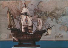 Barca a vela SANTA MARIA modello Nao tipo nave a vela, mappa del mondo cartolina Szabo-Wahr