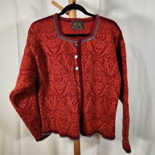 Cardigan OLEANA $555 grande norvegese Espeland rosso arancione 100% lana cuore bottoni