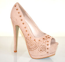 Scarpe donna decoltè beige tacco alto plateau strass eco pelle ambra n. 40 E5