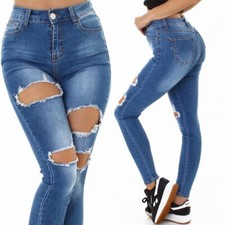 Jeans Donna High Waist Stretch Skinny Slim Con Strappi E Buchi Blu 38 - 40