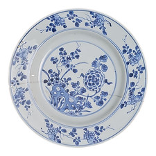 Piatto Antico Porcellana Cinese Blu Bianco Floreale 22 cm Vintage Oriental '800