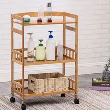 3 Tier Mobile Kitchen Rolling Serving Cart Floor Standing Wood Color Home Salon