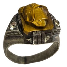 Anello Art Decò Vintage Argento 998 Occhio di Tigre Guerriero Romano Cammeo Tg12
