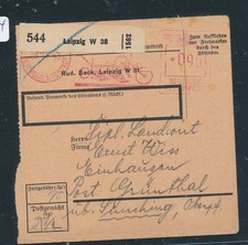 115354) Cartolina pacchi 1943 da Lipsia W38, AFS 95Rpf con fig. Aratro