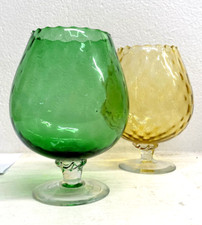 COPPIA GRANDI CALICI VETRO SOFFIATO Empoli VERDE AMBRA BICCHIERI VINTAGE 19,5 cm