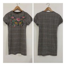 ZARA Vestito abito fantasia quadri neri e bianchi, fiori ricamati Tg M