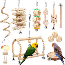 Giochi per Pappagalli 13 Pezzi, Trespolo in Legno Naturale, Posatoio Giocattoli 