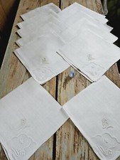 12 Tovaglioli D'epoca Organza Di Lino Bianco Ricamati A Mano Cifrati BPL Bianco