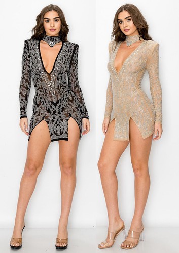 Mini abito donna strass spacco