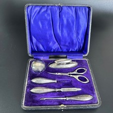 Set manicure argento antico in scatola 6 pezzi Birmingham 1912 W.V & S coperchio pentola dorato